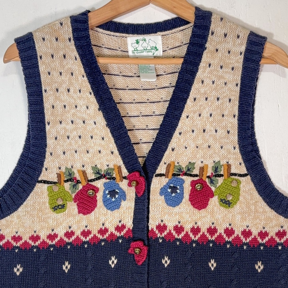 VTG 90s Quacker Factory Sweater Christmas Vest Womens M Embroidered Knit Holiday